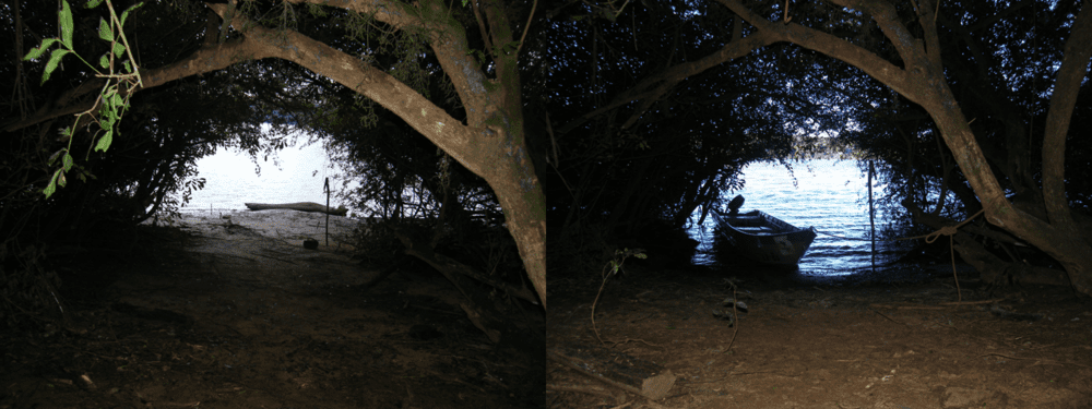 dois momentos distintos do mesmo ponto. Um deles mostra o rio iguaçu com a vazão bem baixa , enquanto o outro mostra o rio na sua vazão normal